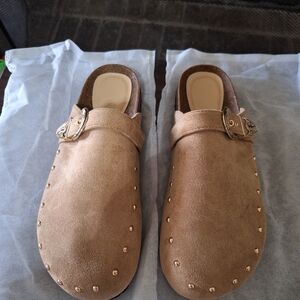 Chic Tan Suede Mules with Gold Studs